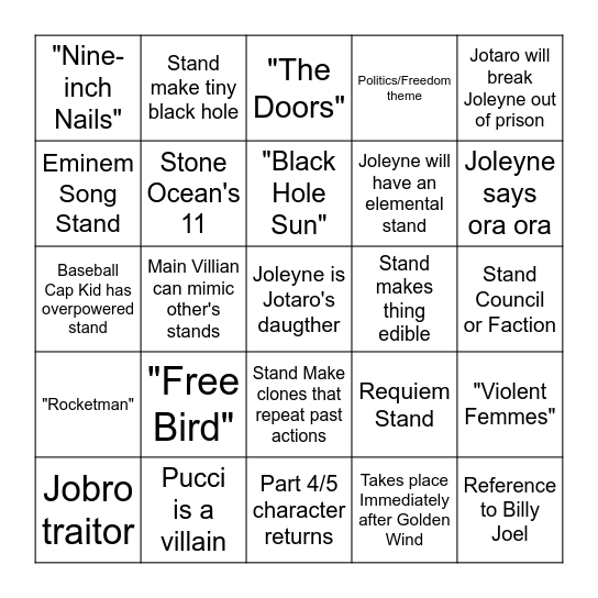 Part 6 Predicitons Bingo Card