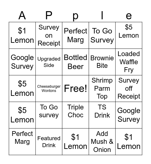 Sunday-1 bingo (I roll Silverware) Full Card- I do all side work Bingo Card