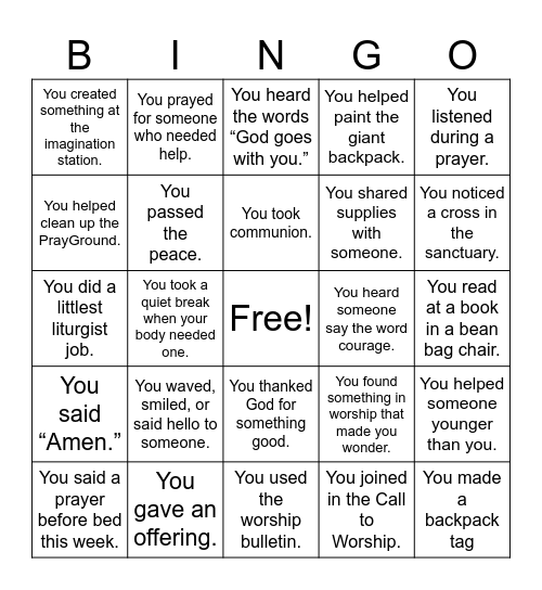 Backpack Blessing Sunday Bingo Card