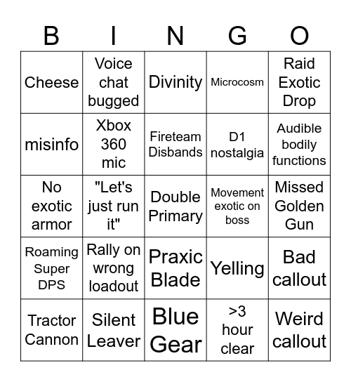 Destiny Raid Bingo Card