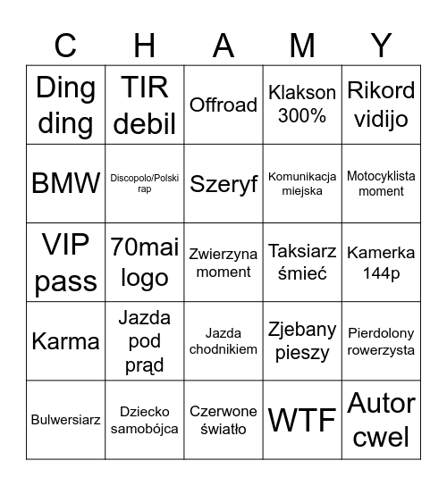 Jedyne dobre STOP CHAM Bingo Card