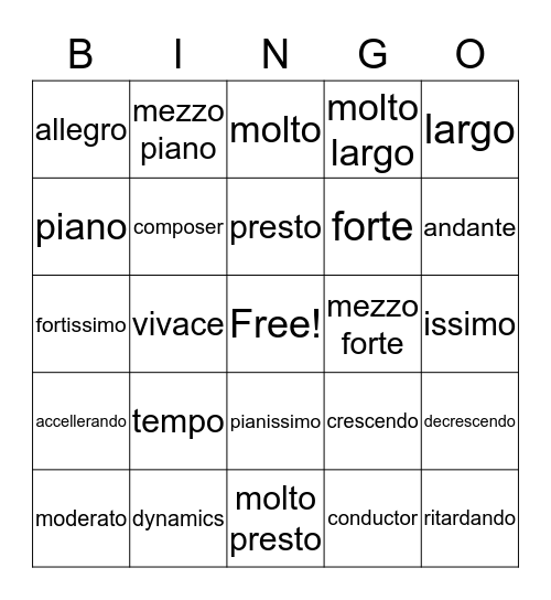Musical Expression Bingo Card