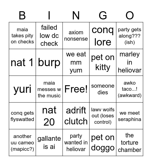 session bingo Card