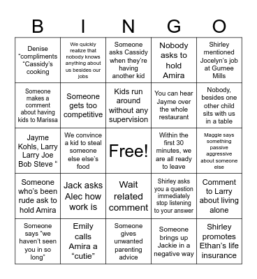 Family “Function” Bingo Card