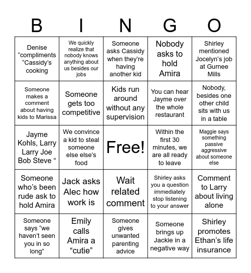 Family “Function” Bingo Card