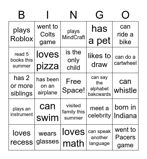 Meet Your Class Bingo Card