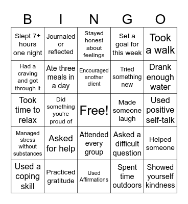 Recovery Bingo Card