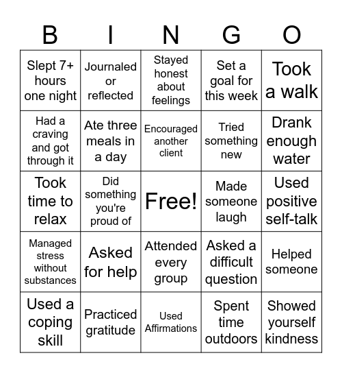 Recovery Bingo Card