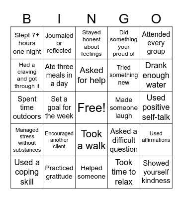Recovery Bingo Card