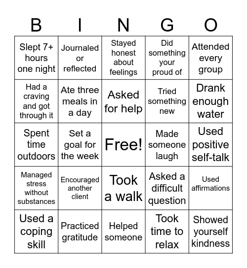 Recovery Bingo Card