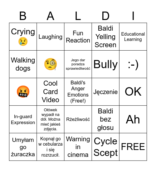 Baldi's Cross Channel Bingo Card