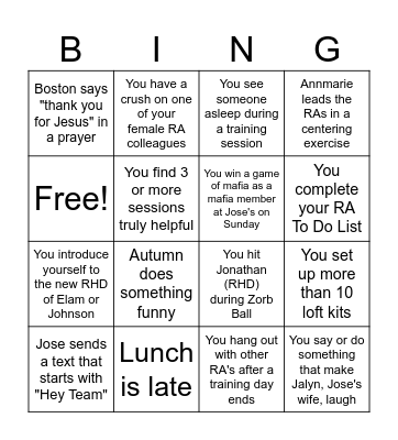 High Rise RA Training Bingo Card