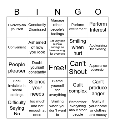 Female Socialisation Bingo Card