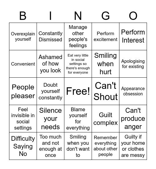 Female Socialisation Bingo Card