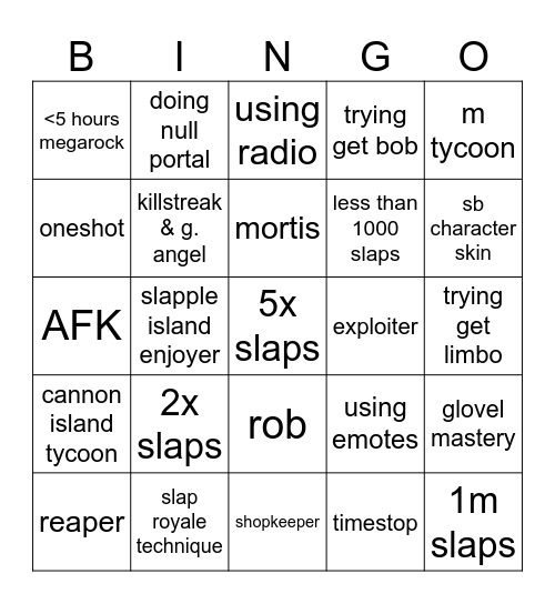 Slap Battles bingo Card
