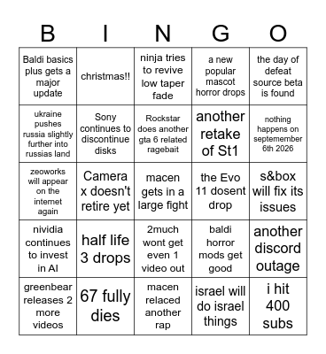 August 2026-Decemeber 2026 Bingo Card