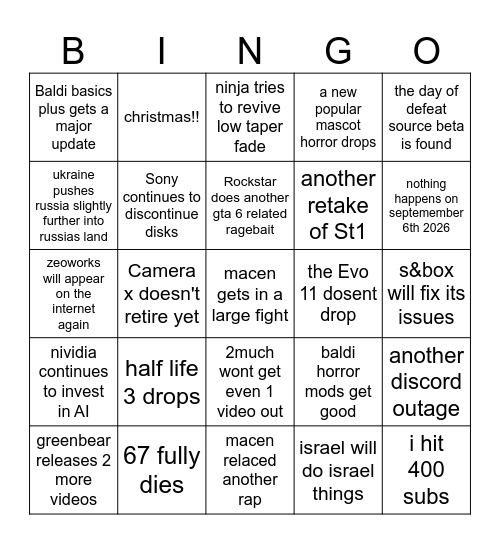 August 2026-Decemeber 2026 Bingo Card