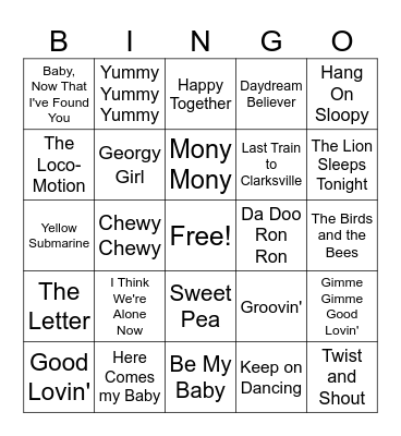 1960's Hits Bingo Card