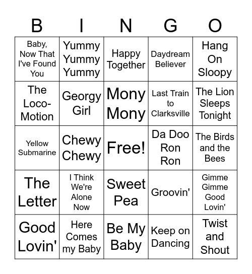 1960's Hits Bingo Card