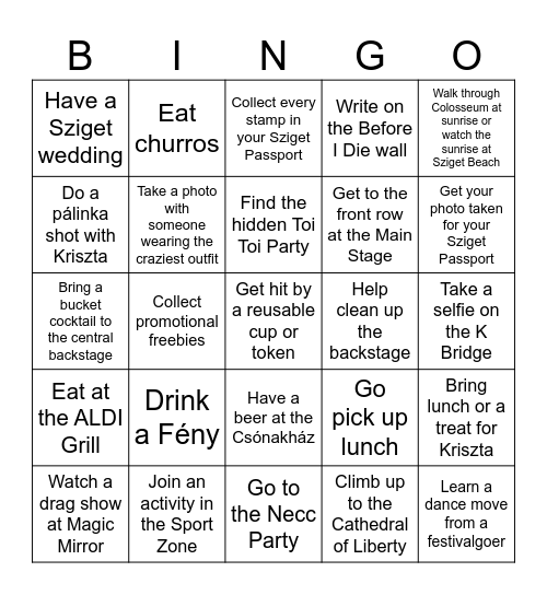 SZIGET 2026 BINGO Card