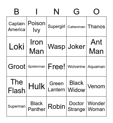 Superhero Bingo Card
