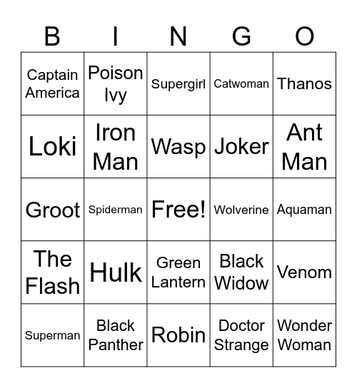 Superhero Bingo Card