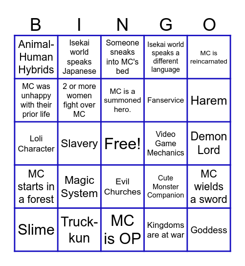 Isekai Trope Bingo Card