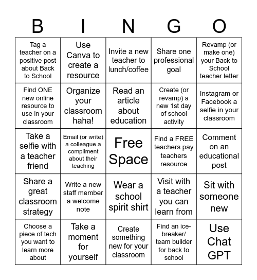 Back to School Bingo for Teachers Bingo Card