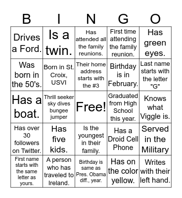 Clark Brunson Nathan 17th Family Reunion Bingo Card