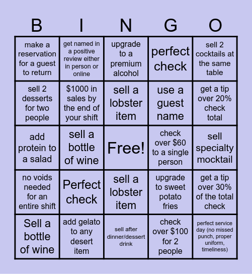 FOH Competition Bingo Card