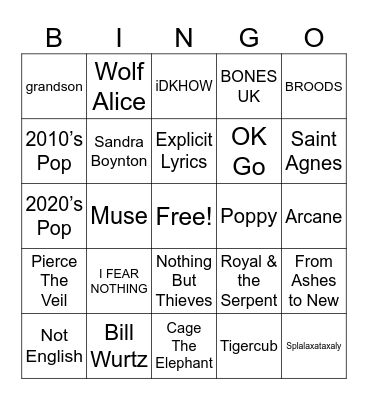Jake’s Spotify Bingo Card