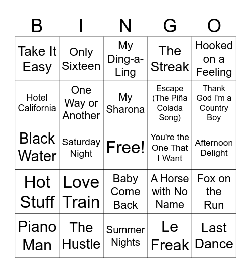 1970's Hits Bingo Card