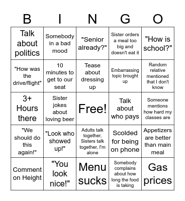 Dinner Bingo Card