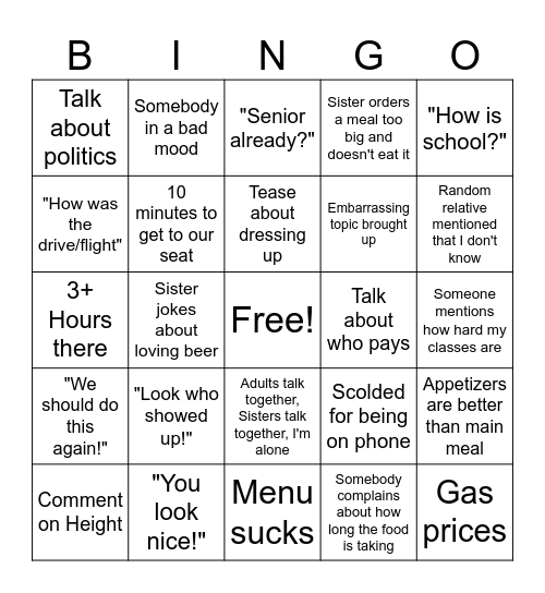 Dinner Bingo Card