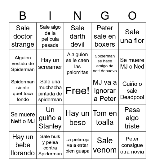 Spiderman Bingo Card