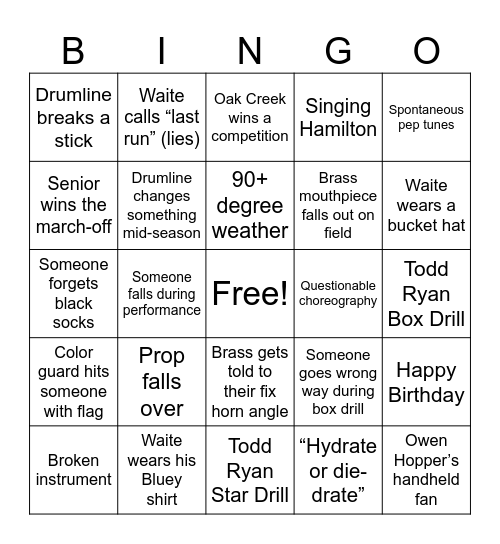 Marching Band Bingo Card