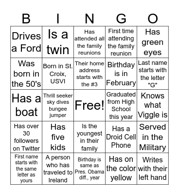 Clark Brunson Nathan 17th Family Reunion Bingo Card