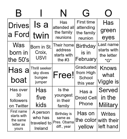 Clark Brunson Nathan 17th Family Reunion Bingo Card