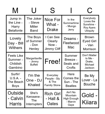 Summer Mix Music Bingo Card