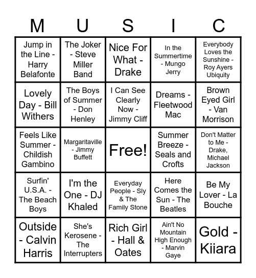 Summer Mix Music Bingo Card