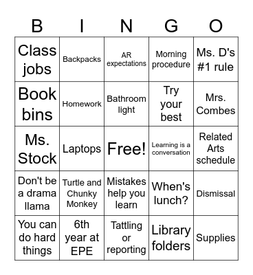 Back to School BINGO Card