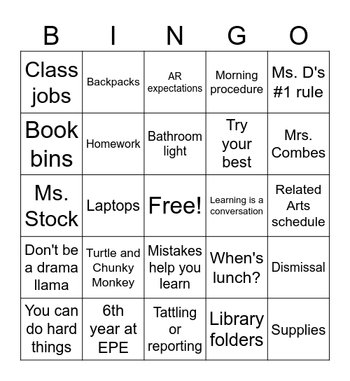 Back to School BINGO Card