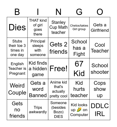 Bozo's School Adventures Bingo Card
