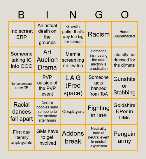 Tournament of Ages Bingo Card