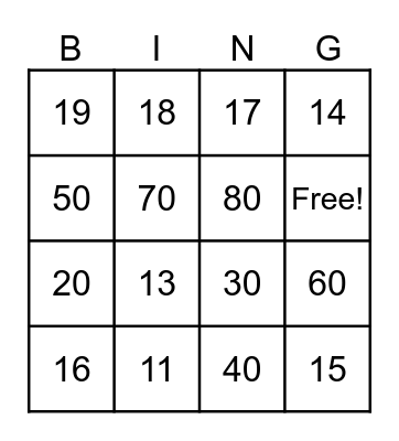 Teen Vs Ty Number sBingo Card