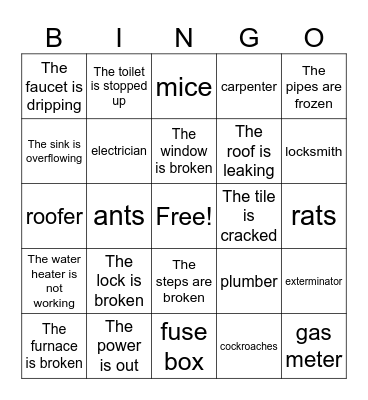 Household Problems and Repairs Bingo Card