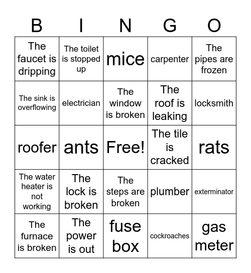 Household Problems and Repairs Bingo Card