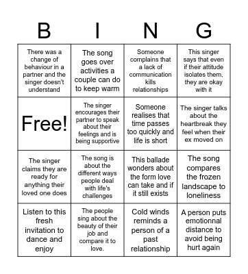 Song Bingo Arctic Bingo Card