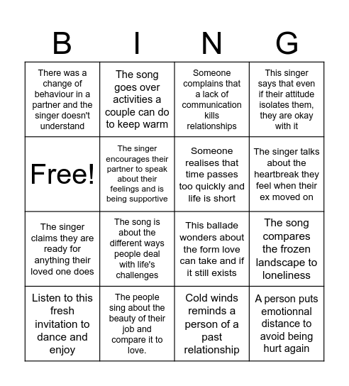 Song Bingo Arctic Bingo Card