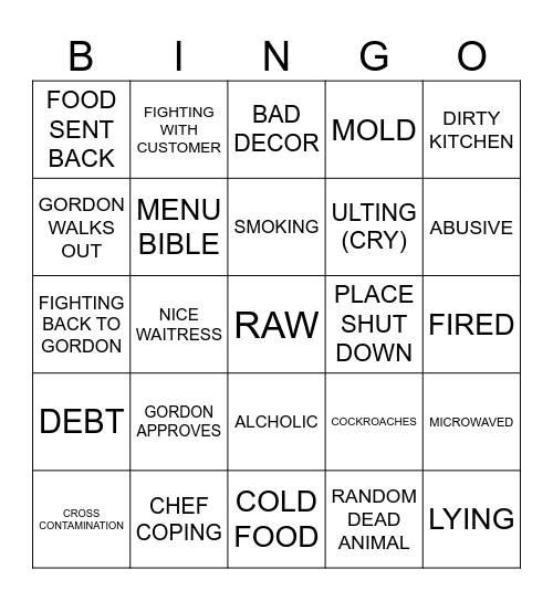 GORDON'S KITCHEN NIGHTMARE Bingo Card